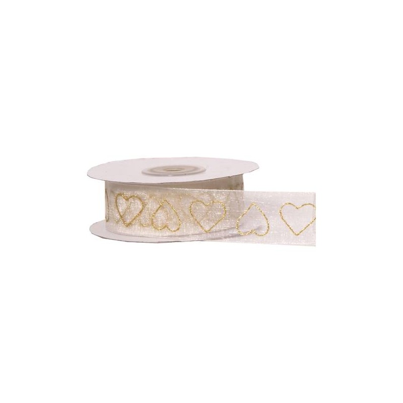 NASTRO ORGANZA C/GLITTER CUORI mm25x15mt COL.35 BIANCO-ORO
