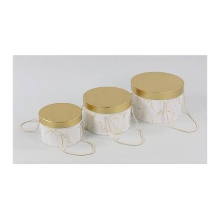 SCATOLA TONDA CON FIORI ORO-BIANCO ø20x13cm 1pz