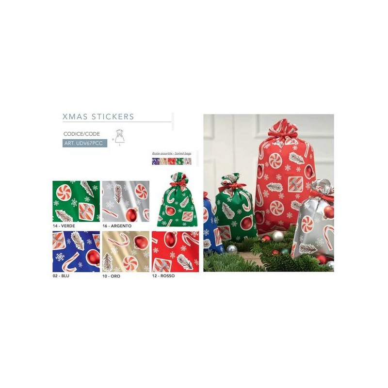 BUSTE REGALO P.P.L. 40x65cm XMAS STICKERS ASS.TO 50PZ