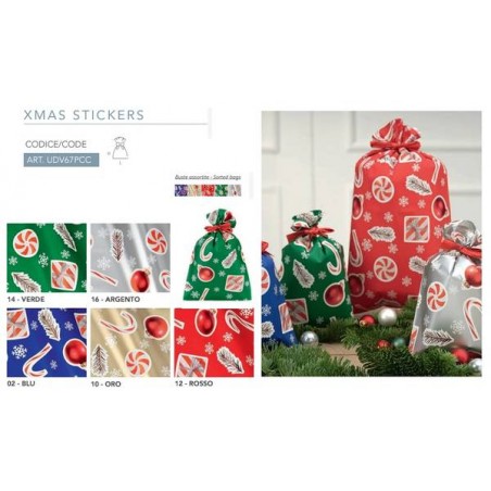 BUSTE REGALO P.P.L. 40x65cm XMAS STICKERS ASS.TO 50PZ