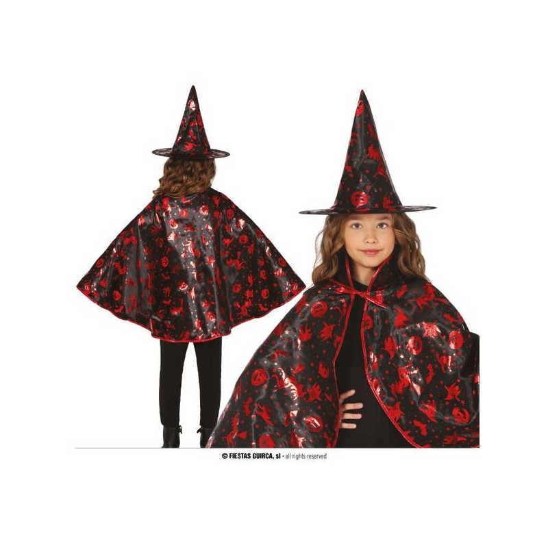 SET STREGA CAPPELLO CON MANTELLO NERO/ROSSO 50cm