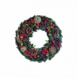 GHIRLANDA CORONA PIGNE E BACCHE ROSSE LUX Ø33