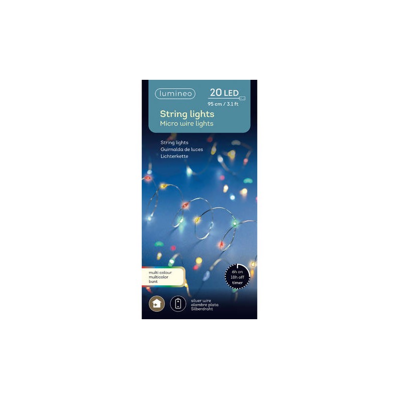 MICRO LED 20 LUCI 95cm FILO ARGENTO LUCE MULTICOLORE INTERNO