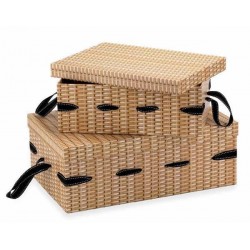 SCATOLE RETTANGOLARI C/STAMPA VIMINI E FIOCCO NERO 44x28x16cm