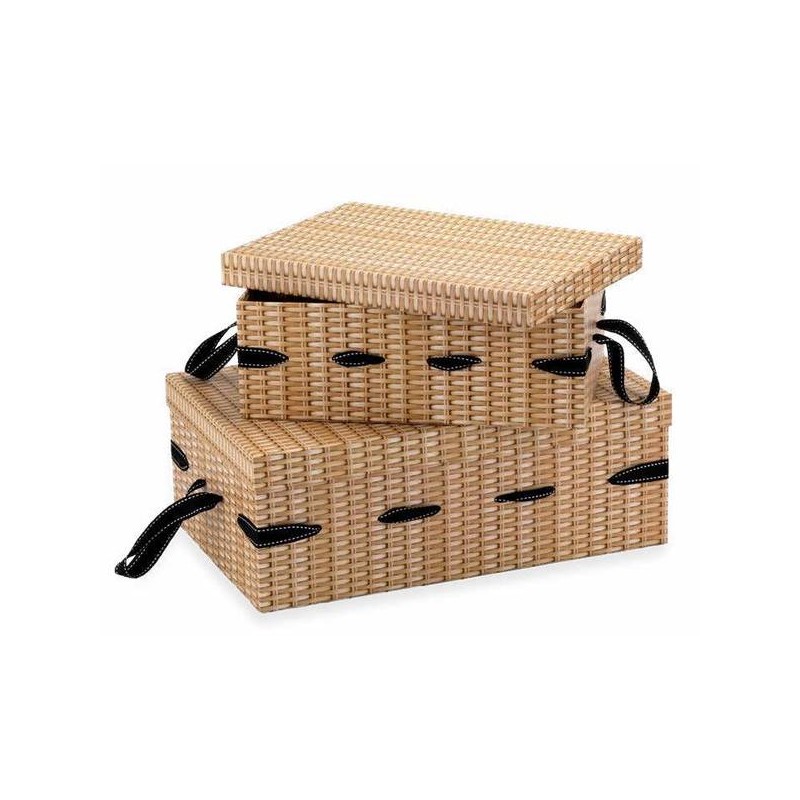 SCATOLE RETTANGOLARI C/STAMPA VIMINI E FIOCCO NERO 44x28x16cm