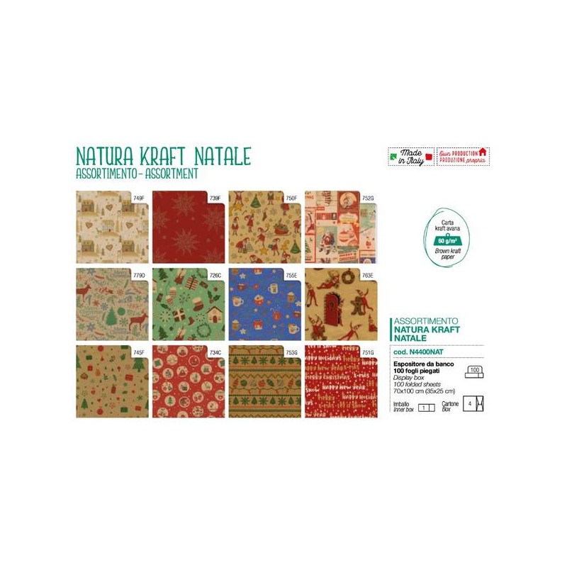 CARTA REGALO KRAFT 70x100cm 100fg SCATOLA ASSORT. NATURA KRAFT NATALE N4400NAT