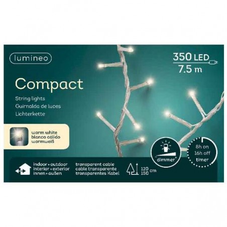 LED COMPACT 350 LUCI BIANCO CALDO 7,5mt FISSE FILO TRASPARENTE DA ESTERNO