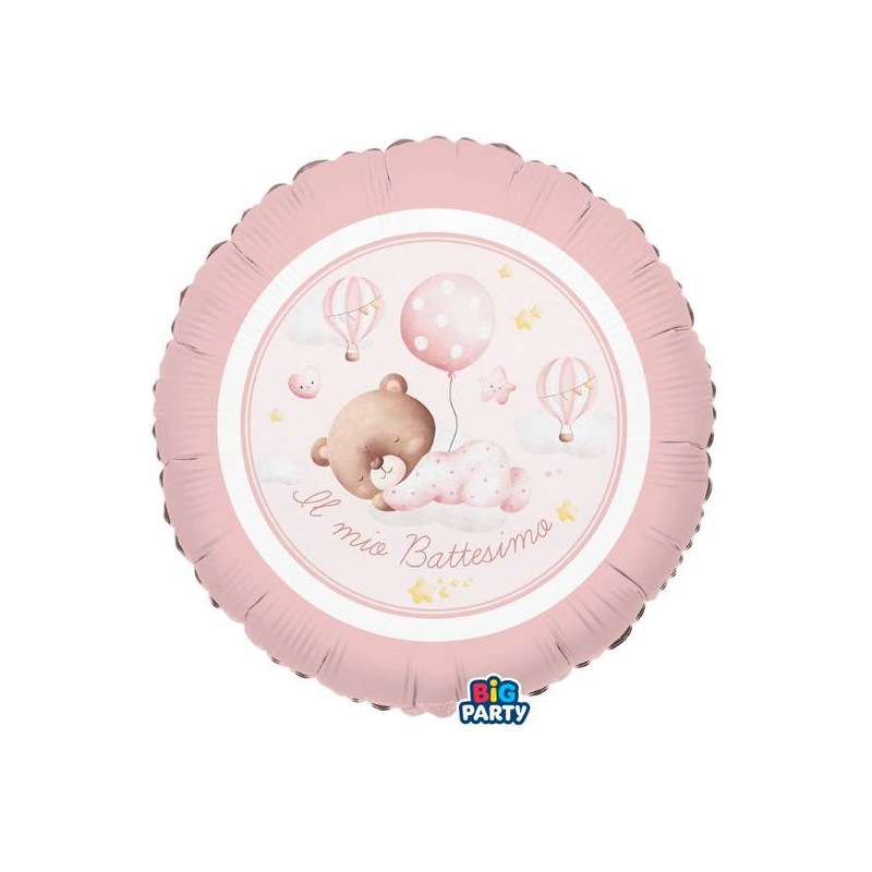 PALLONE MYLAR TONDO 45cm BATTESIMO BABY BEAR ROSA