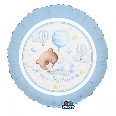 PALLONE MYLAR TONDO 45cm BATTESIMO BABY BEAR CELESTE