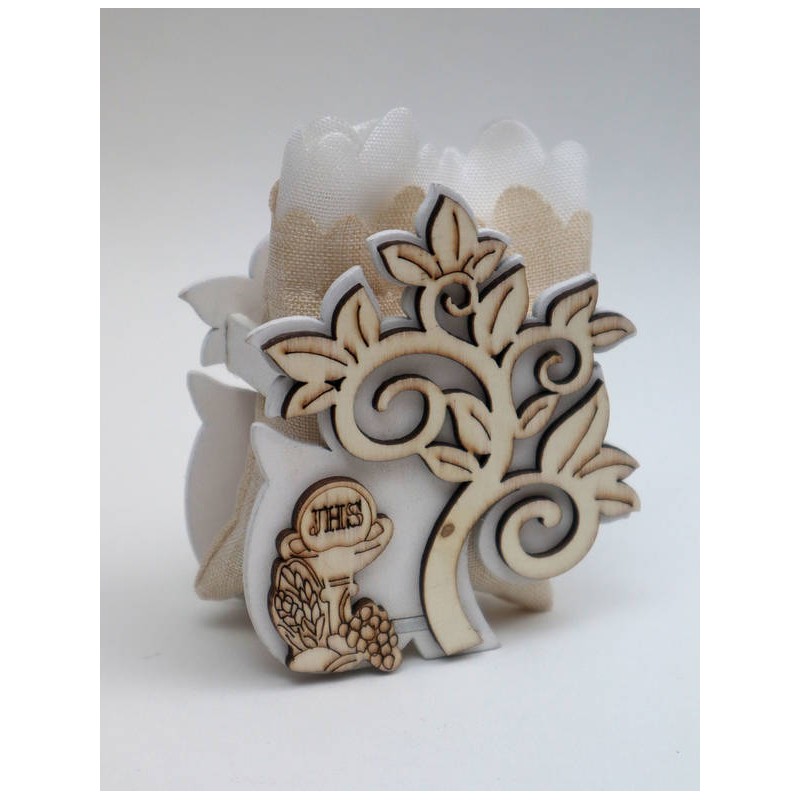 ALBERO LEGNO CON SIMBOLO COMUNIONE E SACCHETTO COTONE 6pz