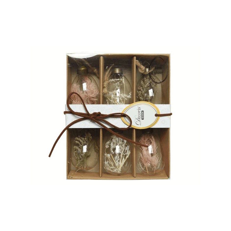 UOVO VETRO C/APPENDINO E FIORI SECCHI DENTRO H.6cm 6pz