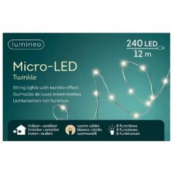 MICRO LED 240LUCI 11,95mt 8 FUNZ. TWINKLE ESTERNO FILO ARGENTO LUCE CALDA