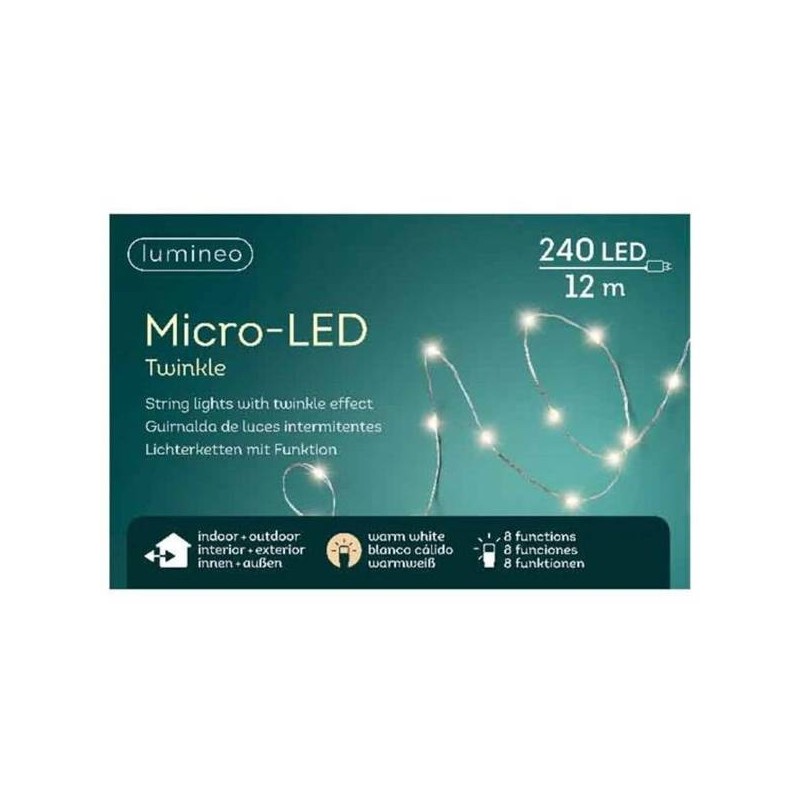MICRO LED 240LUCI 11,95mt 8 FUNZ. TWINKLE ESTERNO FILO ARGENTO LUCE CALDA