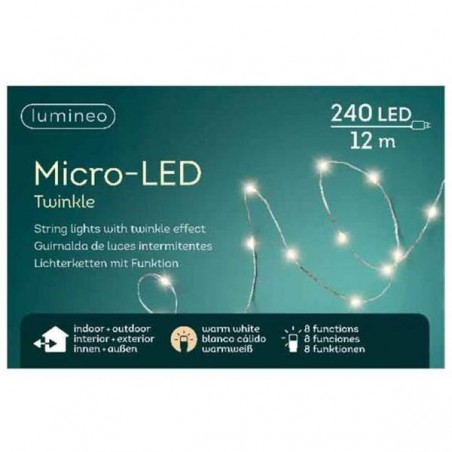 MICRO LED 240LUCI 11,95mt 8 FUNZ. TWINKLE ESTERNO FILO ARGENTO LUCE CALDA