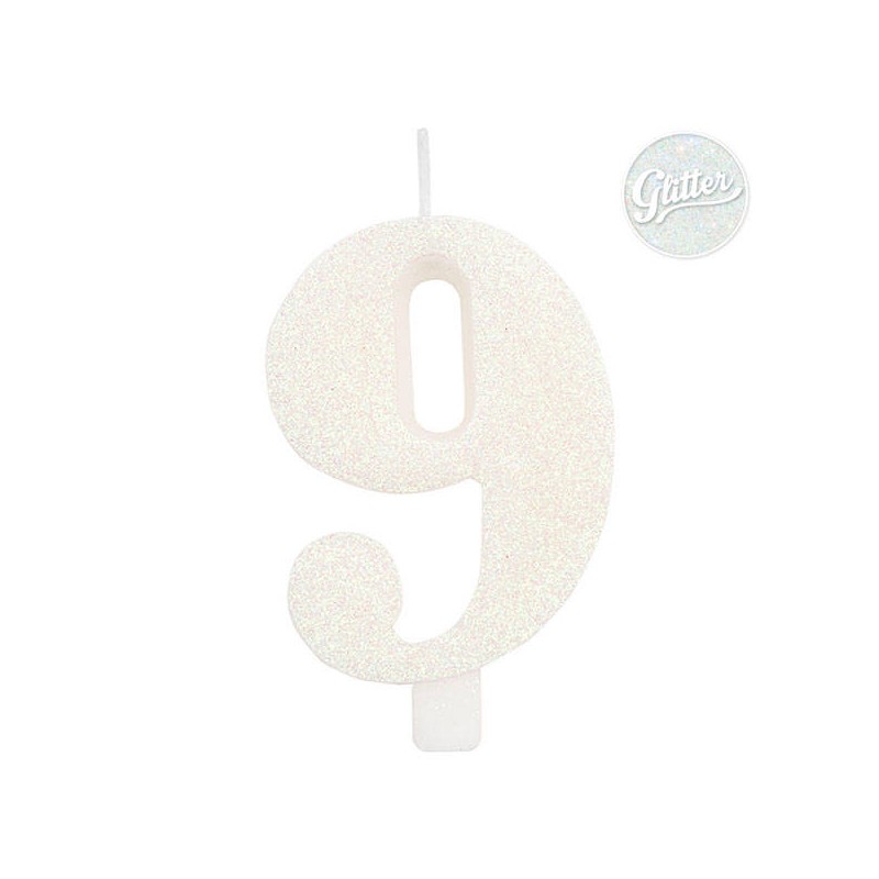 CANDELINA NUMERO 9 GLITTER BIANCA 9,5cm