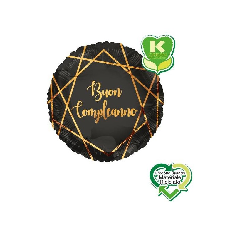 PALLONE MYLAR BUON COMPLEANNO GEOIDE NERO TONDO K-GREEN 18 45cm