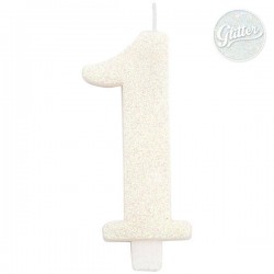 CANDELINA NUMERO 1 GLITTER BIANCA 9,5cm