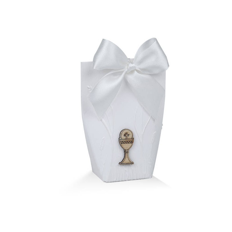 SCATOLA BUSTINA COMUNIONE CON APPL. CALICE LEGNO 6x3,5x8cm BIANCA 10pz