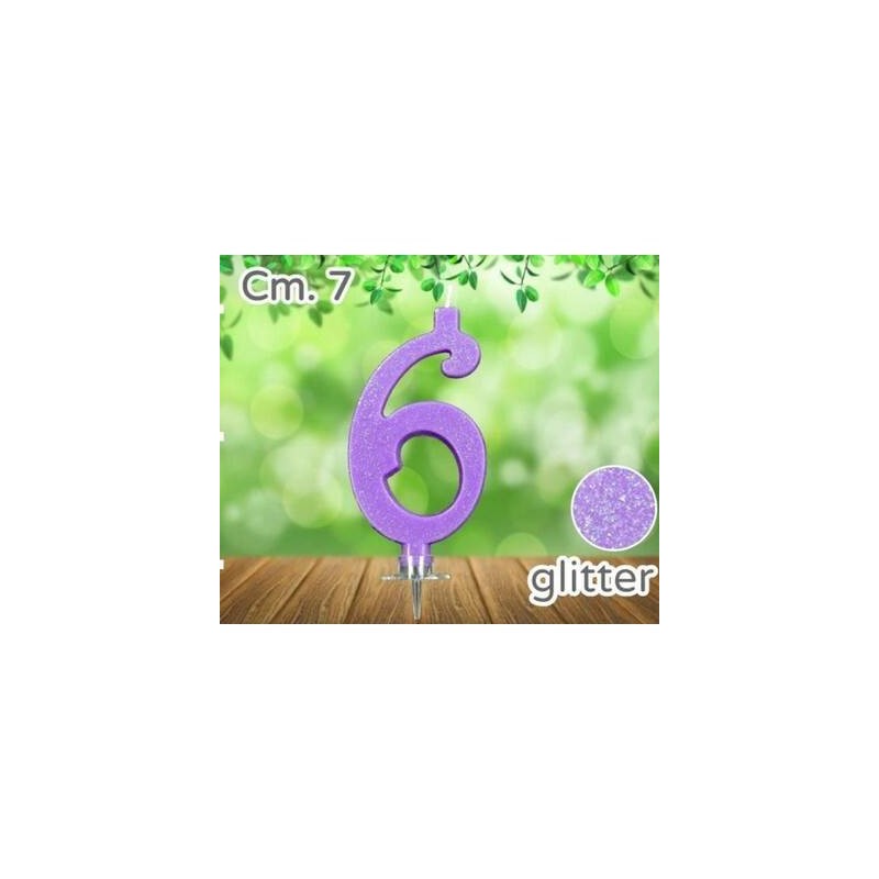 CANDELINA NUMERO 6 LILLA GLITTER 7cm