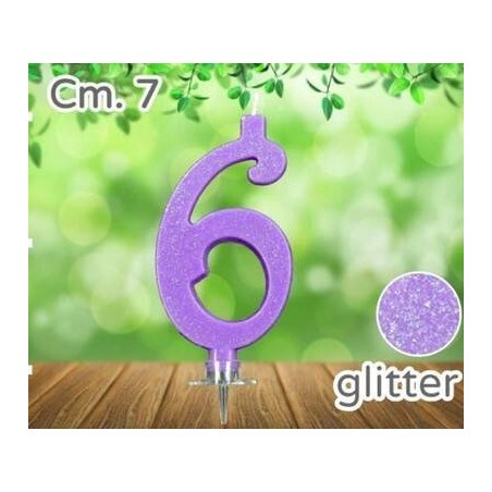 CANDELINA NUMERO 6 LILLA GLITTER 7cm
