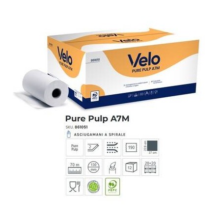 ASCIUGATUTTO MONOROTOLO A7M PURE PULP D.V. 70mt 190str 12 rotoli VELO