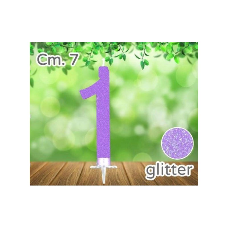 CANDELINA NUMERO 1 LILLA GLITTER 7cm