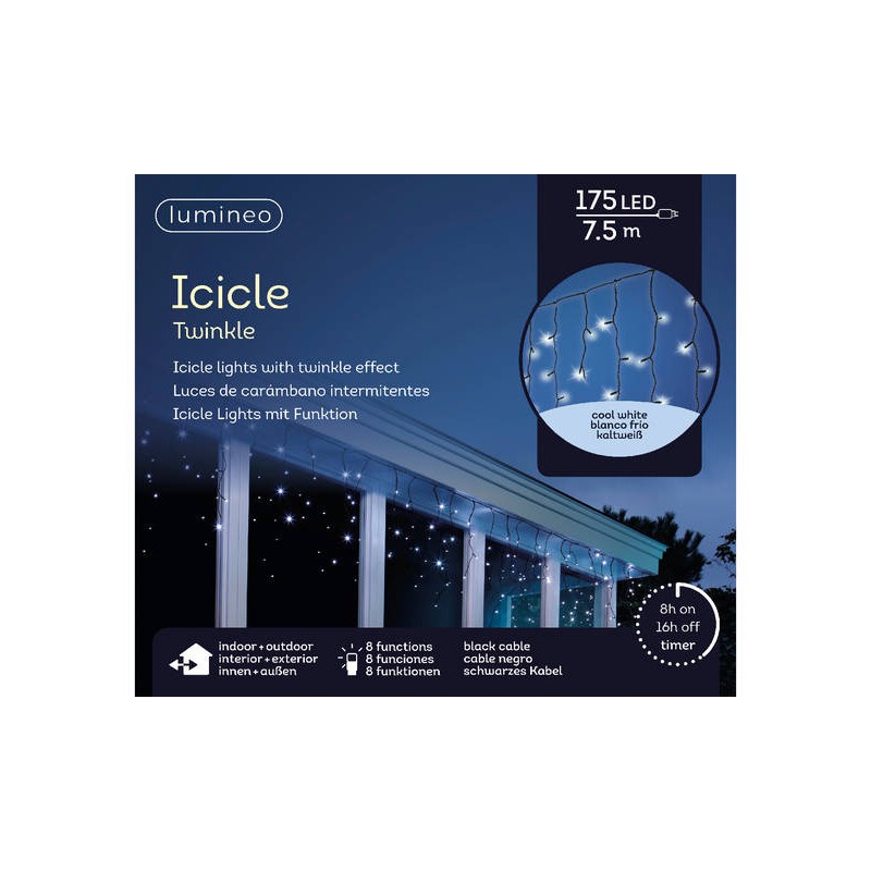 TENDA LUCE GHIACCIOLI 175 LED 7,5mt - FILO NERO - BIANCO FREDDO - INT/EST 8 FUNZ.