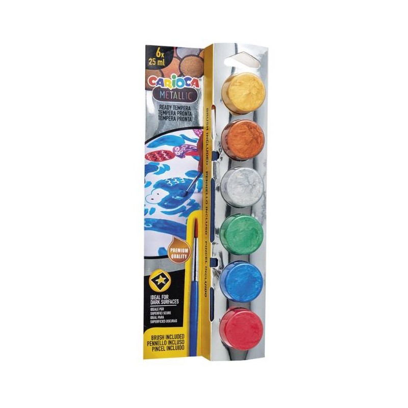 TEMPERA METALLICA IN VASETTO 25ml CON PENNELLO CARIOCA 6pz