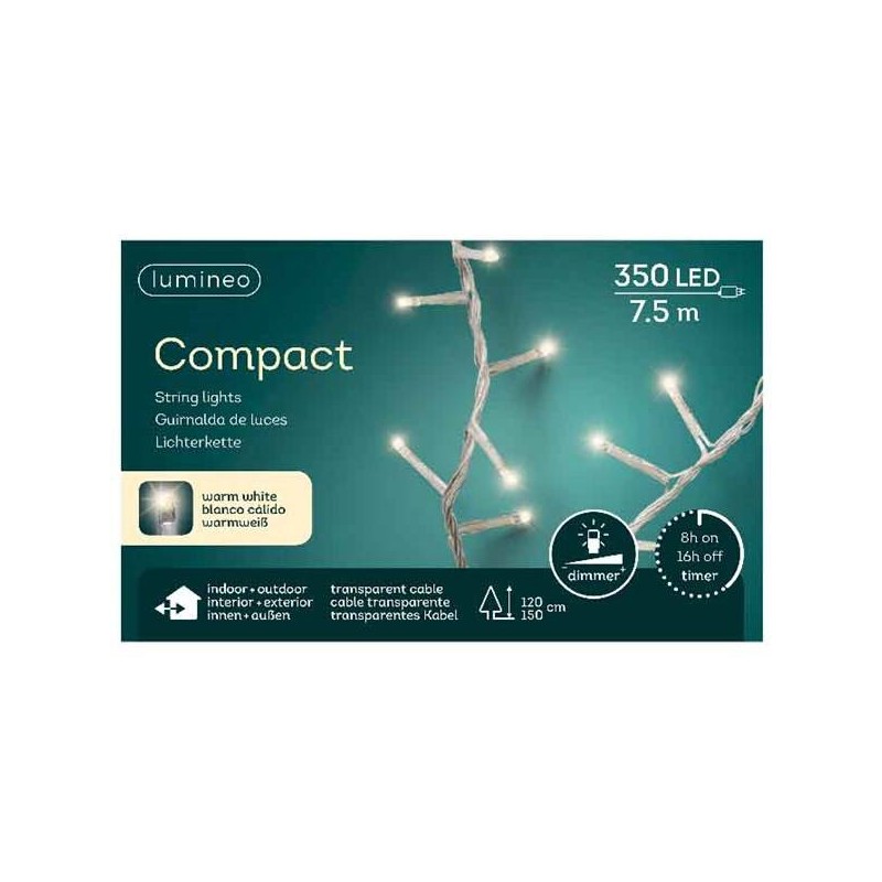 LED COMPACT 350 LUCI BIANCO CALDO 7,5mt FISSE FILO TRASPARENTE DA ESTERNO