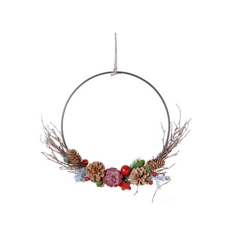 CERCHIO IN METALLO C/PIGNE E STELLE ROSSE ø35cm