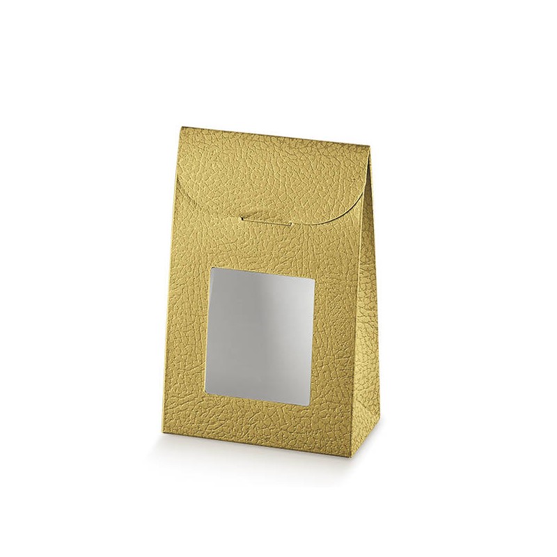 SCATOLA SACCHETTO PELLE ORO C/FINESTRA 17x7x23,5cm 10pz