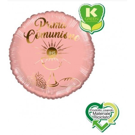 PALLONE MYLAR TONDO PRIMA COMUNIONE ROSA ANTICO GOLD K-GREEN 18 43cm