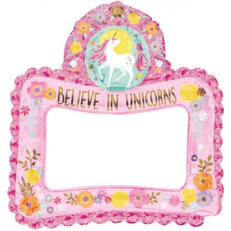 PALLONE MYLAR S/SHAPE SELFIE FRAME MAGICO UNICORNO PHOTO BOOTH 68x66cm