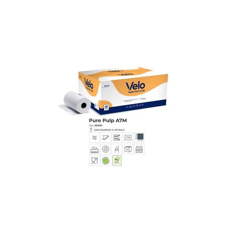 ASCIUGATUTTO MONOROTOLO A7M PURE PULP D.V. 70mt 190str 12 rotoli VELO