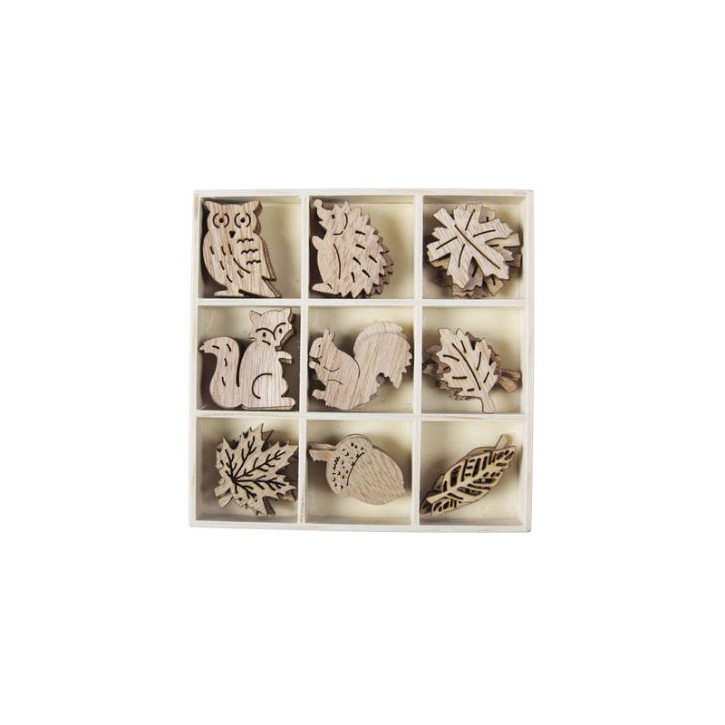 DECORAZIONI IN LEGNO NATURALE 3,5/4cm AUTUNNO ASS.TI 36pz