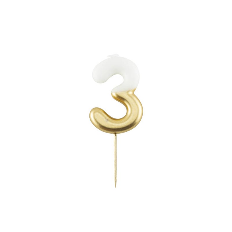 CANDELINA NUMERO 3 BIANCO/ORO 10,5cm