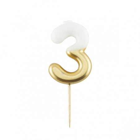 CANDELINA NUMERO 3 BIANCO/ORO 10,5cm