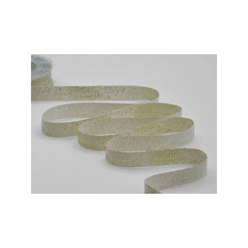 NASTRO POLICOTONE STAMPA SERIGRAFICA AUGURI mm15x10mt COL.22W35 AVORIO-ORO