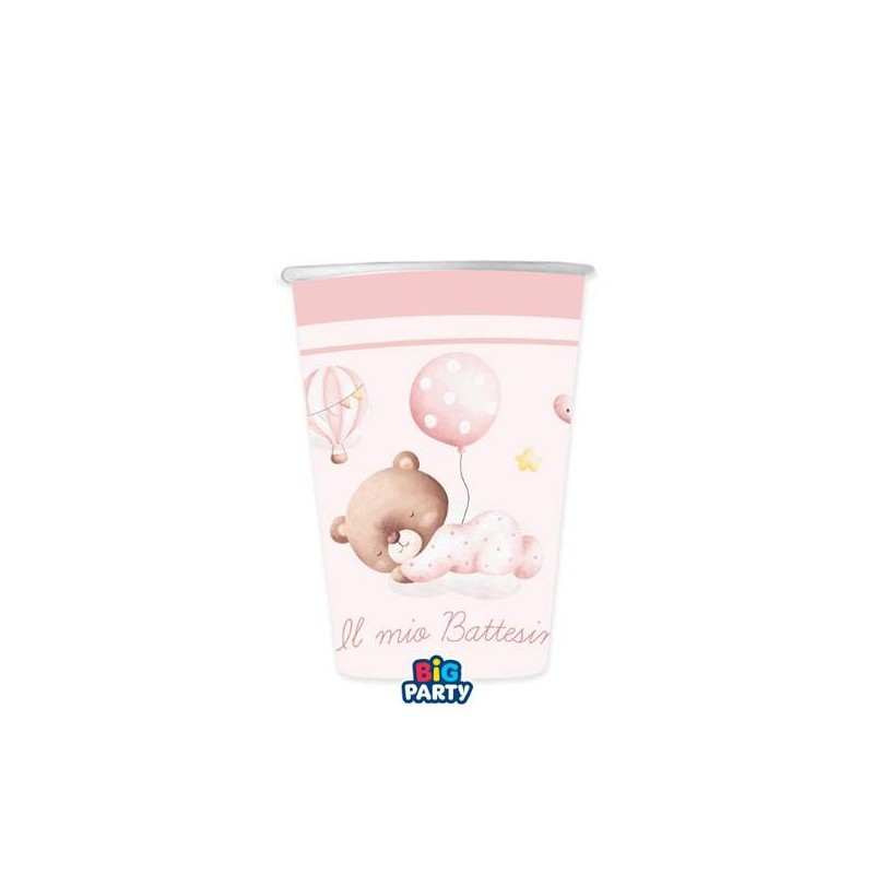 BICCHIERI 250cc BATTESIMO BABY BEAR ROSA 6pz