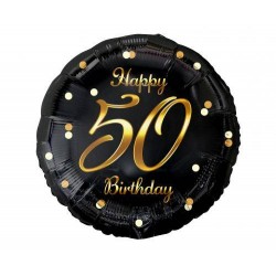 PALLONCINO IN FOIL POIS NERO E ORO 50 ANNI 45cm
