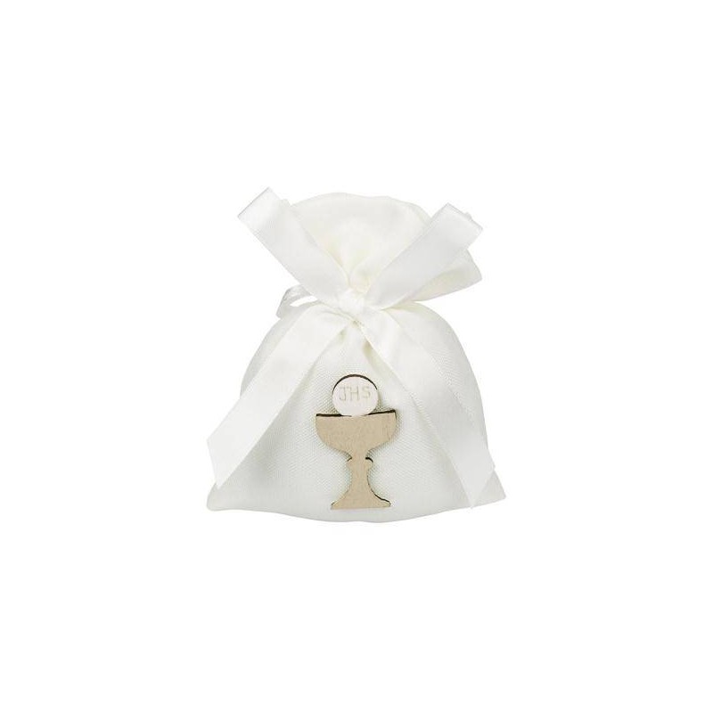 SACCHETTO BIANCO TRAMA LINO CON CALICE LEGNO 10x13cm 10pz