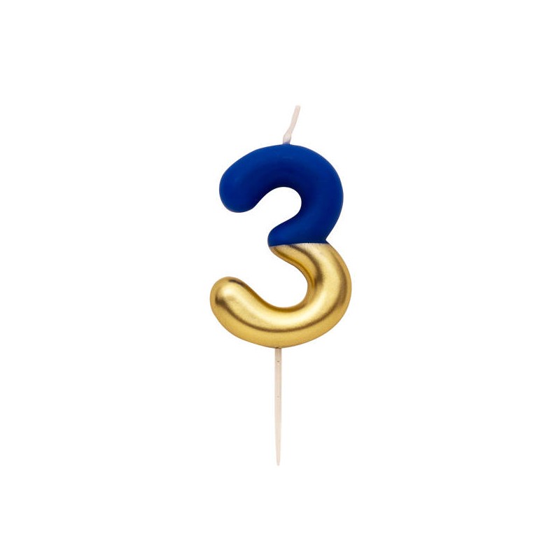 CANDELINA NUMERO 3 BLU/ORO 10,5cm