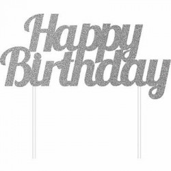 CAKE TOPPER GLITTER HAPPY BIRTHDAY 15x17cm SILVER
