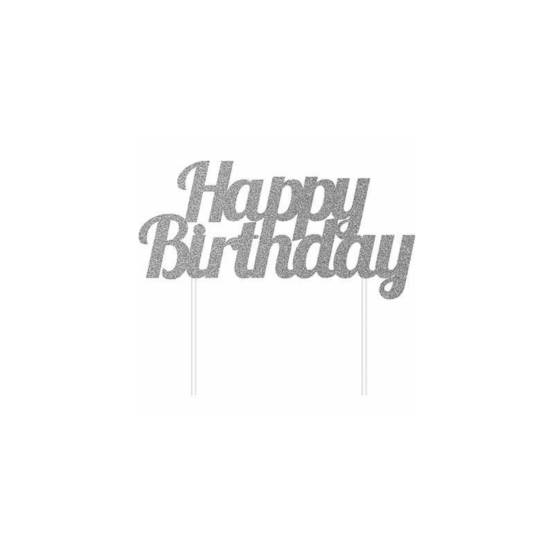 CAKE TOPPER GLITTER HAPPY BIRTHDAY 15x17cm SILVER