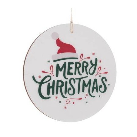 DECORAZIONE DA APPENDERE IN LEGNO C/SCRITTA MERRY CHRISTMAS ø10cm