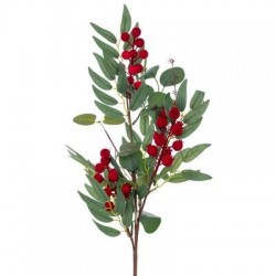 RAMO VERDE CON BACCHE ROSSE VELLUTATE 70cm