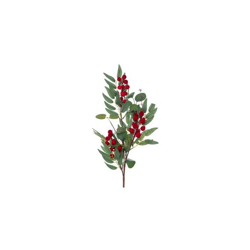 RAMO VERDE CON BACCHE ROSSE VELLUTATE 70cm