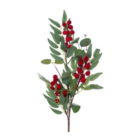RAMO VERDE CON BACCHE ROSSE VELLUTATE 70cm