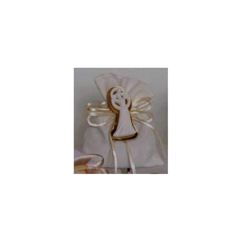 SACCHETTO LINO AVORIO C/COPPIA SPOSI ORO PLEXI 6pz