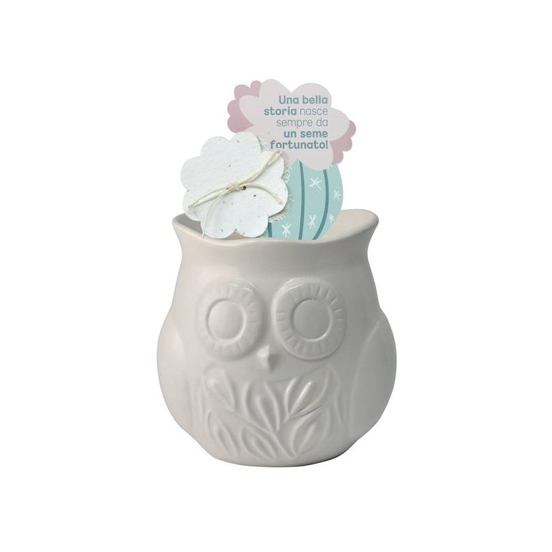 VASETTO GUFO BABY BIANCO CON CARTA PIANTABILE 9x9cm